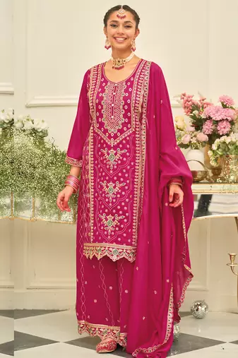 Pink embroidered silk blend kurta trouser dupatta set