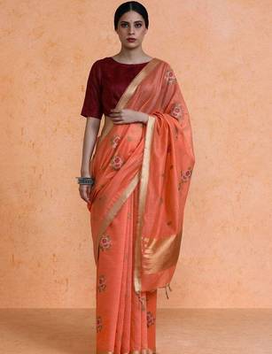 Orange woven design chanderi sarees with blouse piece 1