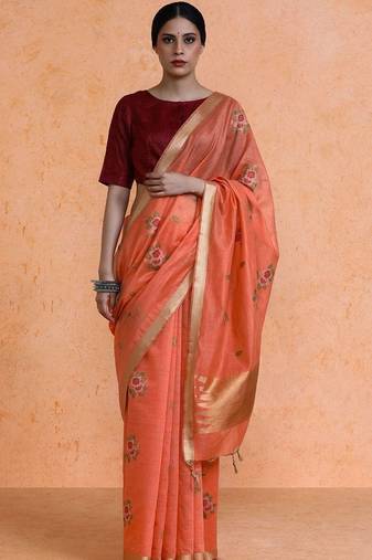 Orange woven design chanderi sarees with blouse piece