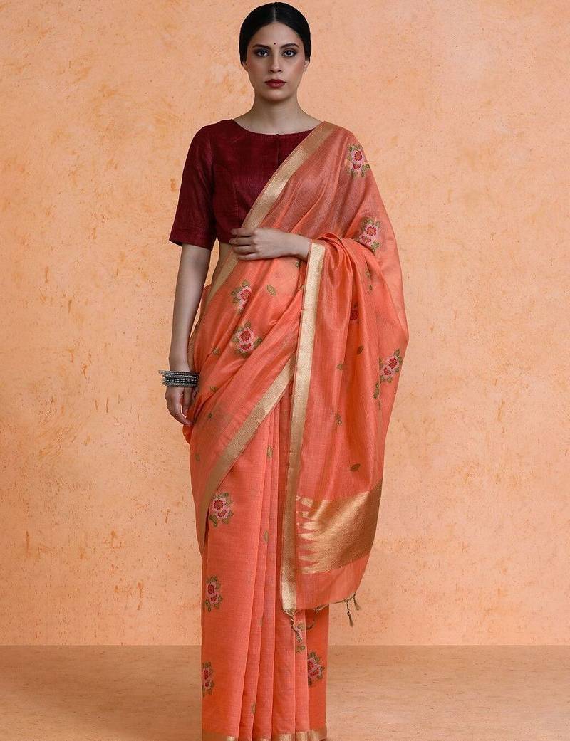 Orange woven design chanderi sarees with blouse piece