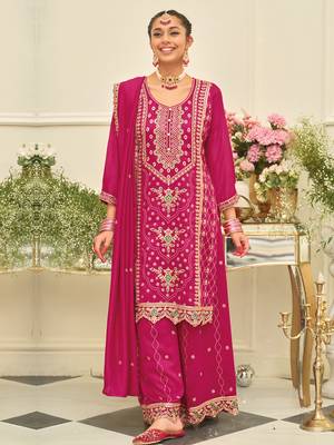 Pink embroidered silk blend kurta trouser dupatta set 3