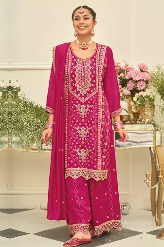 Pink embroidered silk blend kurta trouser dupatta set
