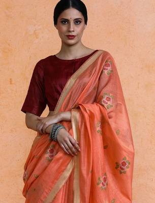 Orange woven design chanderi sarees with blouse piece 2