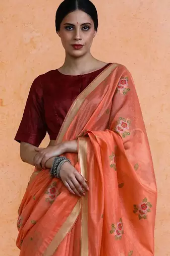 Orange woven design chanderi sarees with blouse piece