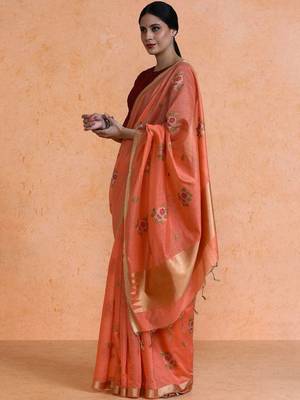 Orange woven design chanderi sarees with blouse piece 3