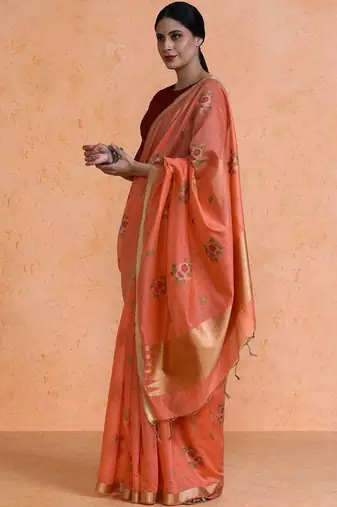 Orange woven design chanderi sarees with blouse piece