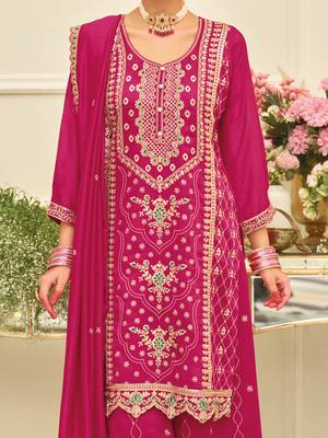 Pink embroidered silk blend kurta trouser dupatta set 4