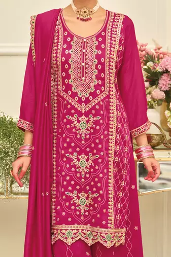 Pink embroidered silk blend kurta trouser dupatta set