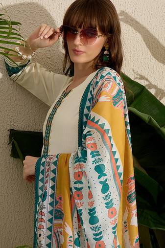 Cream embroidered viscose rayon kurta trouser dupatta set