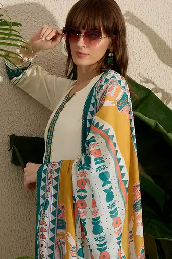Cream embroidered viscose rayon kurta trouser dupatta set