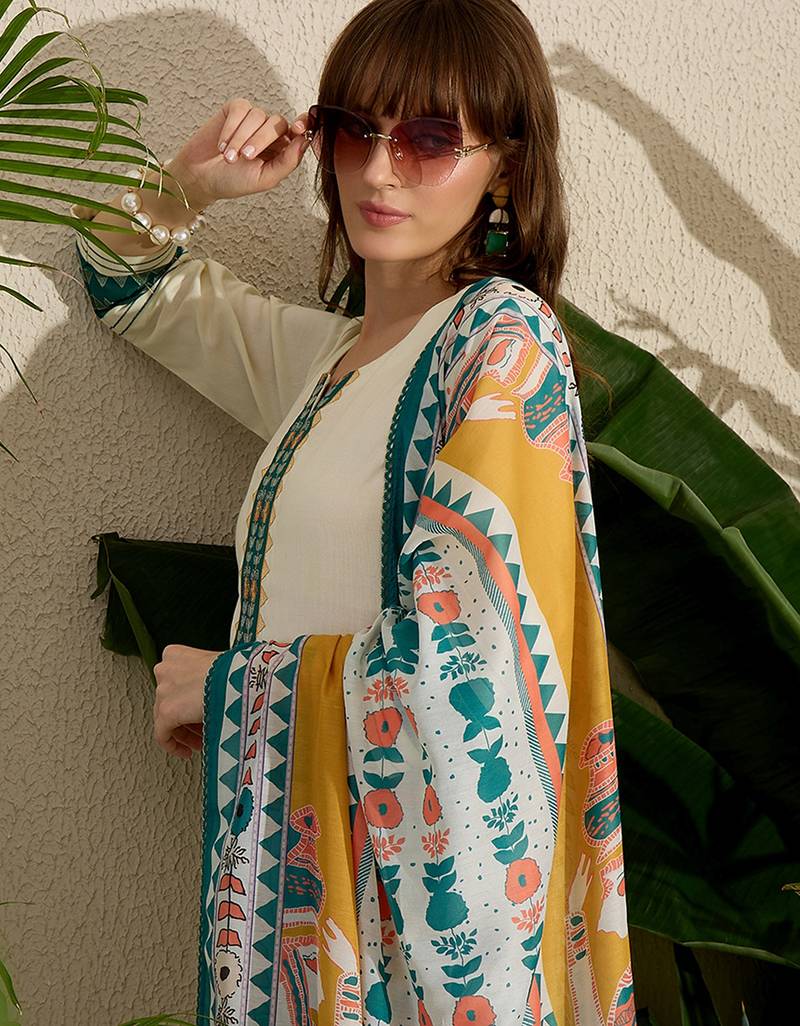 Cream embroidered viscose rayon kurta trouser dupatta set