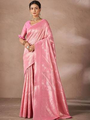 Pink woven design sarees with blouse piece 1