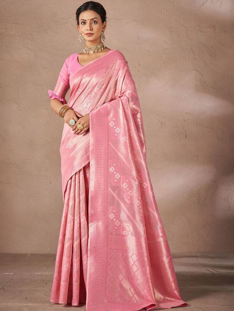 Pink woven design sarees with blouse piece
