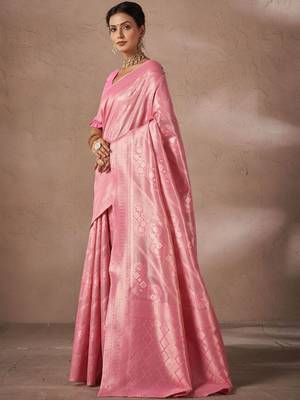 Pink woven design sarees with blouse piece 2