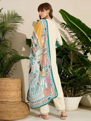 Cream embroidered viscose rayon kurta trouser dupatta set 2