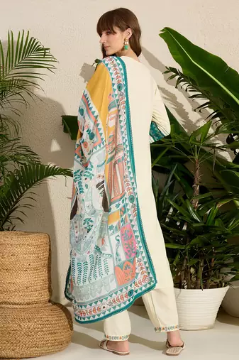 Cream embroidered viscose rayon kurta trouser dupatta set