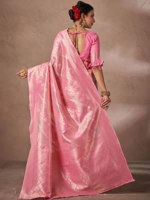 Pink woven design sarees with blouse piece 3