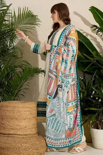 Cream embroidered viscose rayon kurta trouser dupatta set