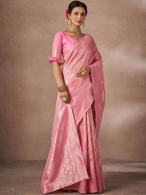 Pink woven design sarees with blouse piece 4