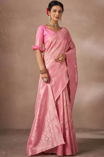 Pink woven design sarees with blouse piece