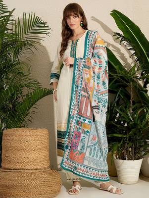 Cream embroidered viscose rayon kurta trouser dupatta set 4