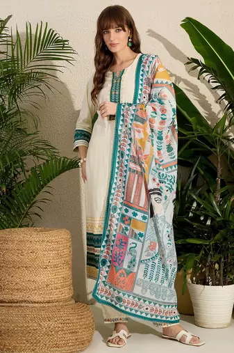 Cream embroidered viscose rayon kurta trouser dupatta set