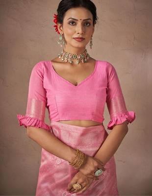 Pink woven design sarees with blouse piece 5