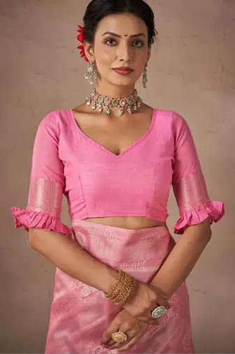 Pink woven design sarees with blouse piece
