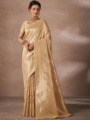 Beige woven design sarees with blouse piece 1