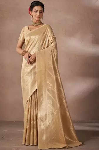 Beige woven design sarees with blouse piece
