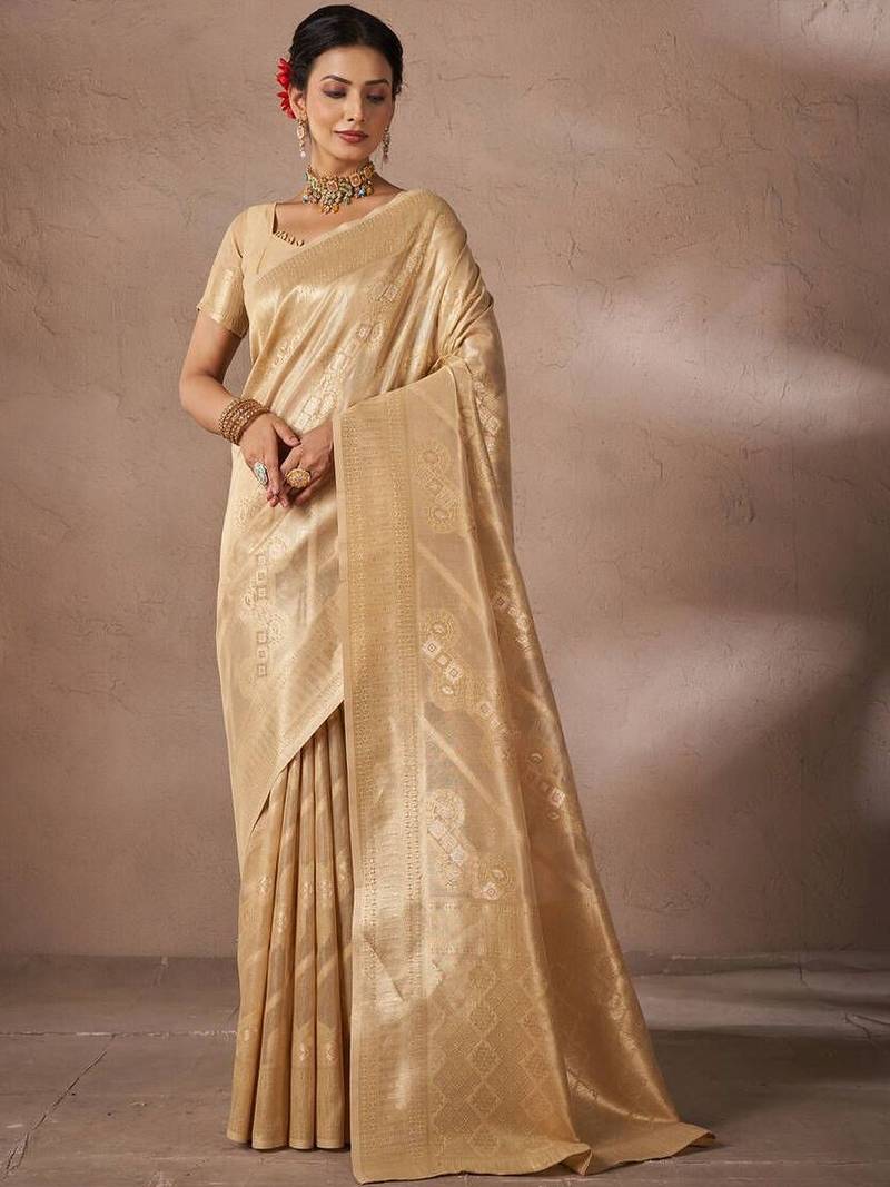Beige woven design sarees with blouse piece