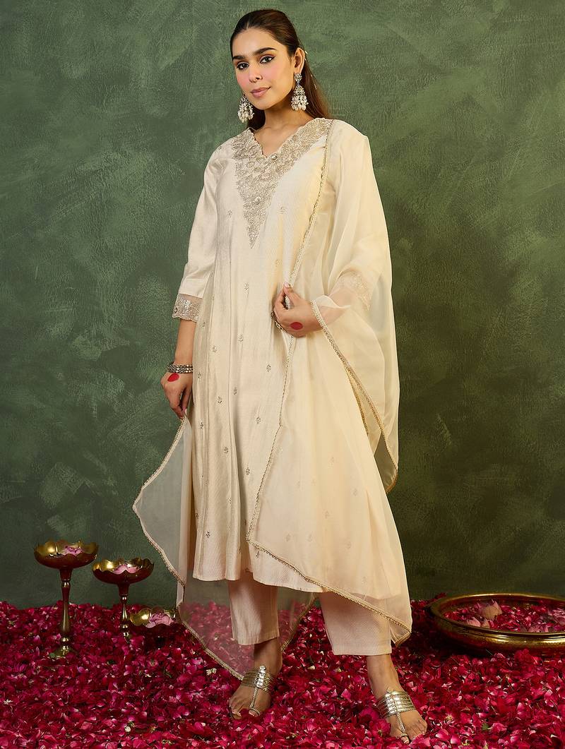 White embroidered liva kurta trouser dupatta set