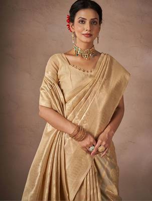 Beige woven design sarees with blouse piece 4