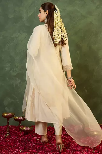 White embroidered liva kurta trouser dupatta set