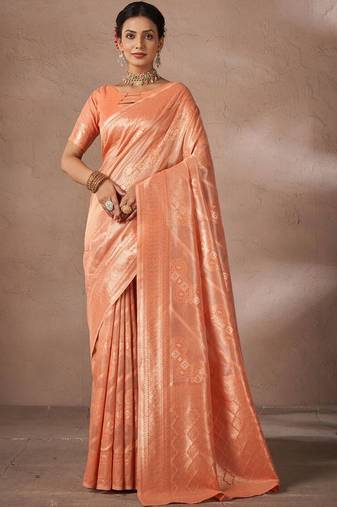 Orange woven design banarasi sarees with blouse piece