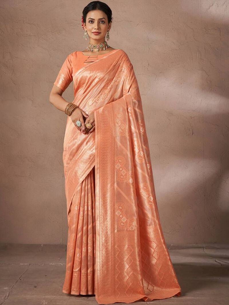 Orange woven design banarasi sarees with blouse piece