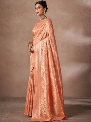 Orange woven design banarasi sarees with blouse piece 3
