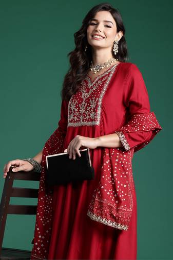Maroon embroidered viscose rayon kurta trouser dupatta set