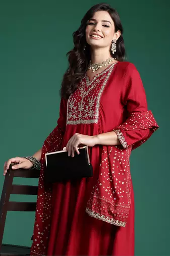 Maroon embroidered viscose rayon kurta trouser dupatta set