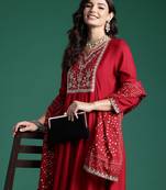 Maroon embroidered viscose rayon kurta trouser dupatta set