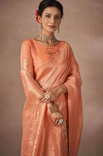 Orange woven design banarasi sarees with blouse piece