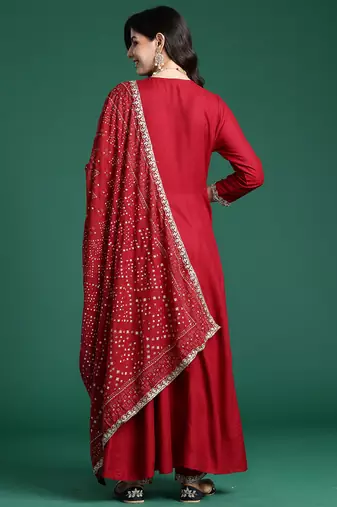 Maroon embroidered viscose rayon kurta trouser dupatta set