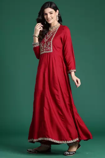 Maroon embroidered viscose rayon kurta trouser dupatta set