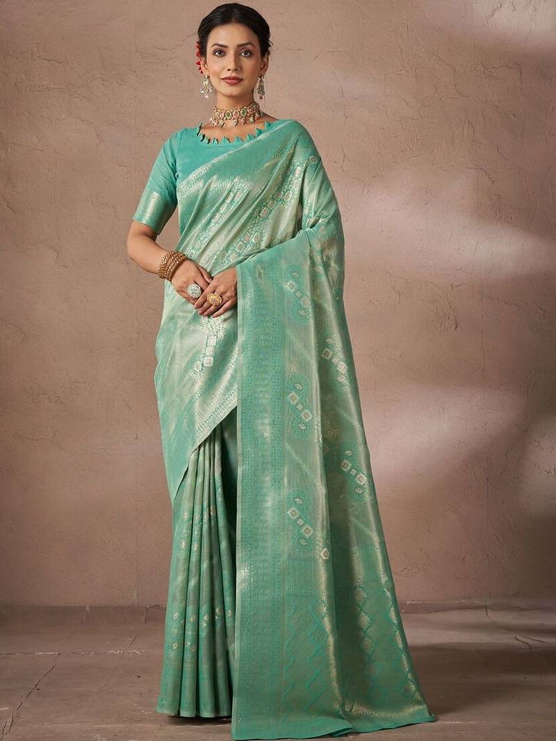 Green woven design sarees with blouse piece