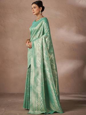 Green woven design sarees with blouse piece 2