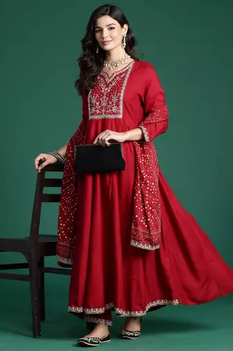 Maroon embroidered viscose rayon kurta trouser dupatta set