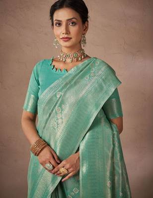 Green woven design sarees with blouse piece 4