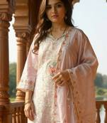 Lavender embroidered pure cotton kurta trouser dupatta set