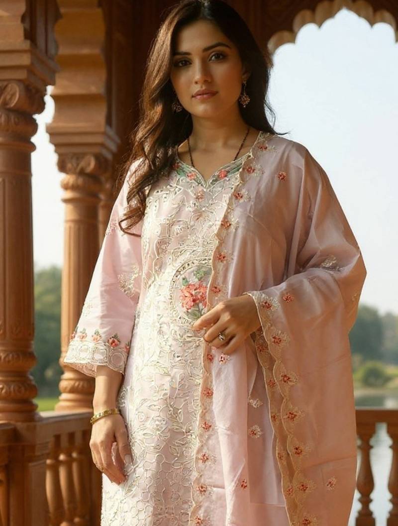 Lavender embroidered pure cotton kurta trouser dupatta set