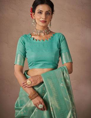 Green woven design sarees with blouse piece 5